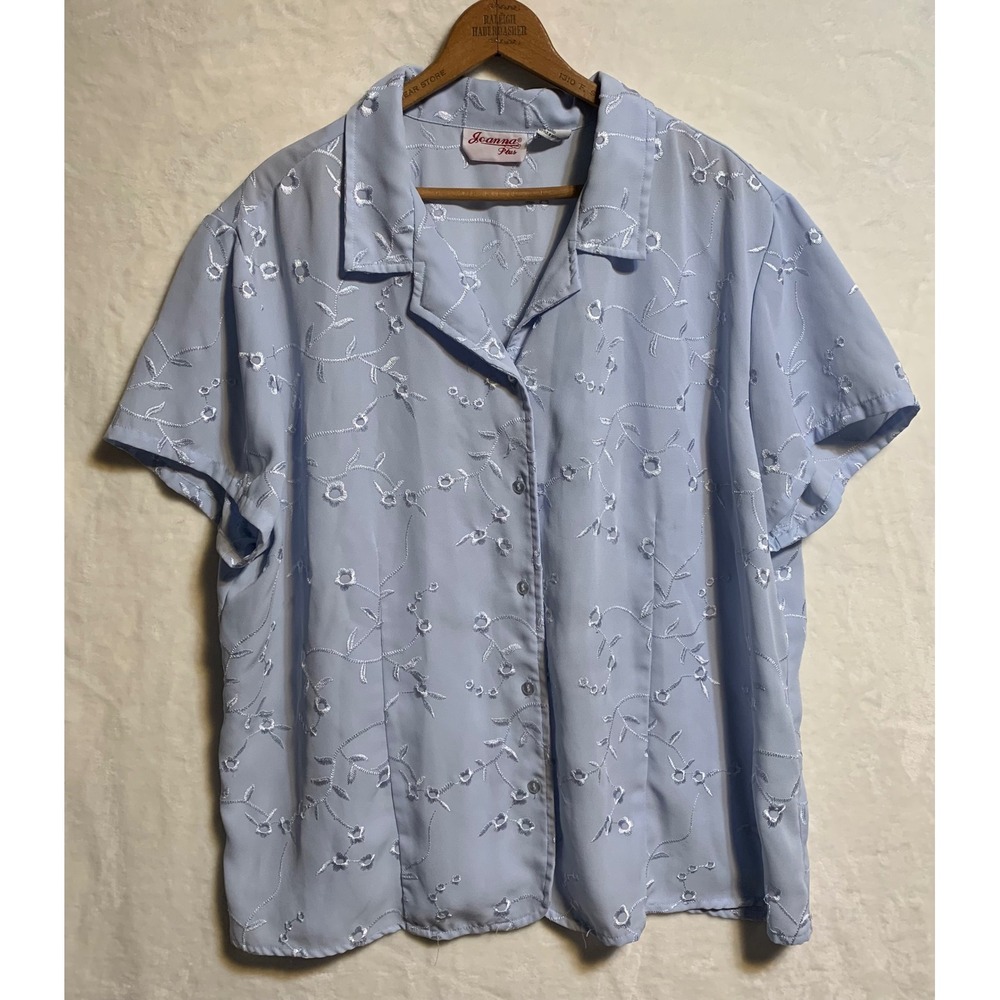Joanna Plus Light Blue Floral‎ Embroidered Button Up Blouse Top Short Sleeve 2X